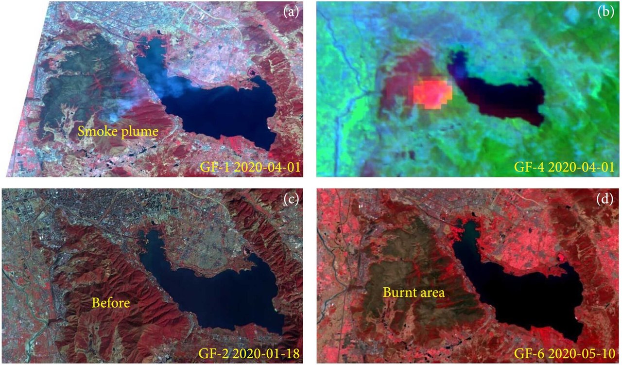 Gaofen images used for the Xichang fire response: smoke from Gaofen 1, a Gaofen 4 view, pre-fire Gaofen 2 imagery, and the burned area from Gaofen 6