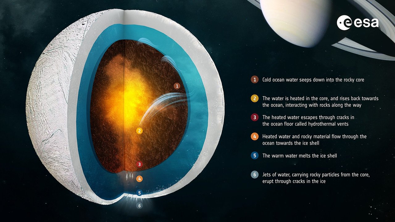 Diagram of Enceladus’s shell, global ocean, rocky core, and circulation feeding the plumes