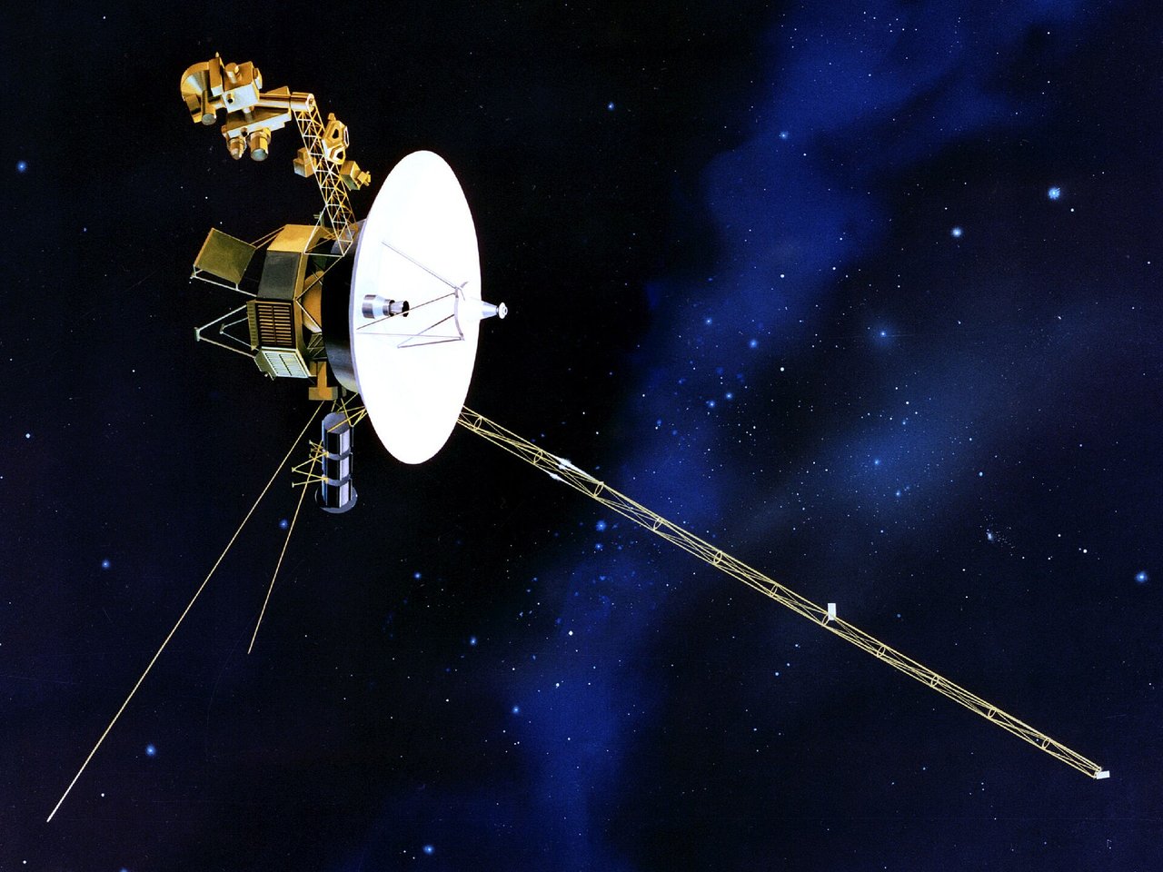 Artist’s concept of Voyager with its high-gain antenna, instrument boom, and radioisotope power supply