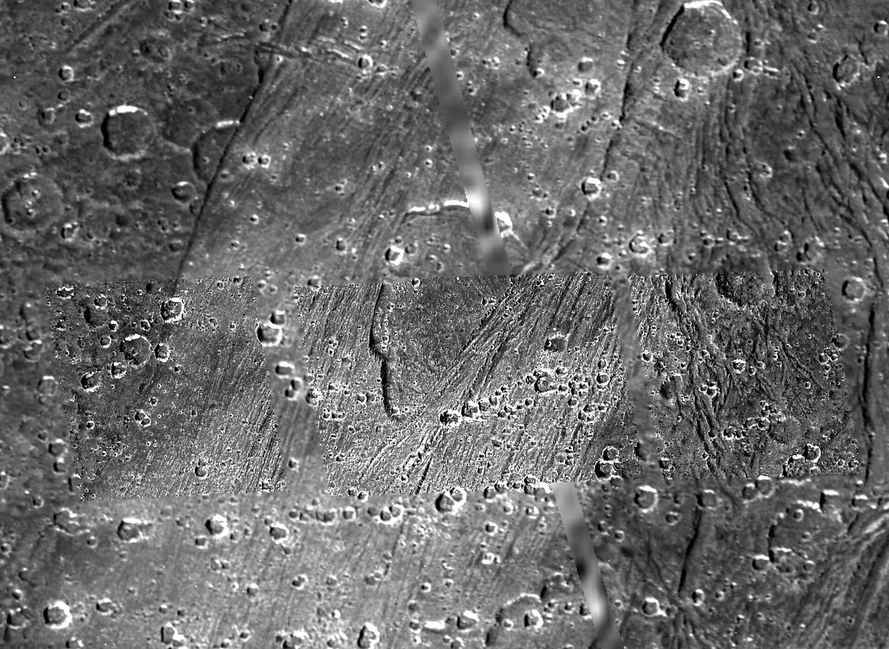 Galileo image of the boundary between bright grooved terrain and older dark cratered ground