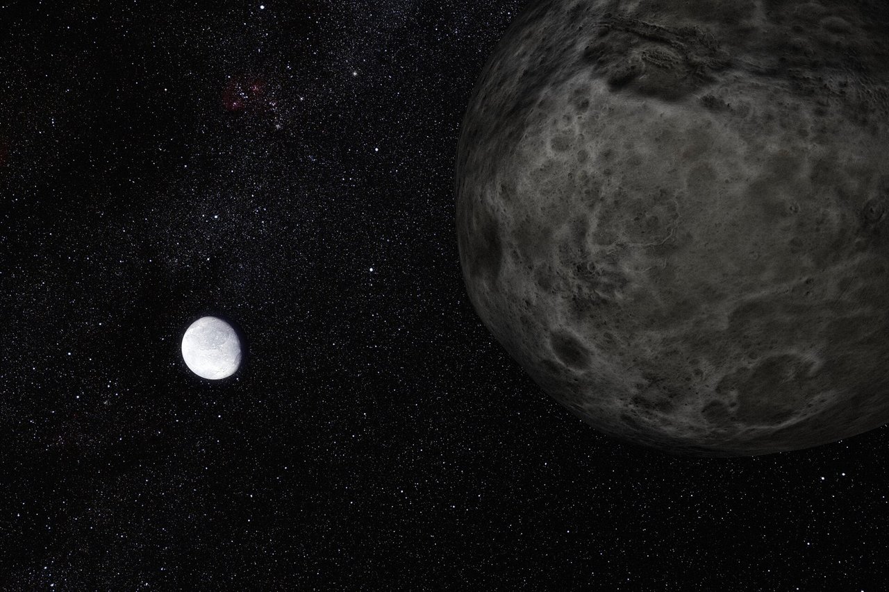Artist’s view of Eris from near Dysnomia. ESO / L. Calçada