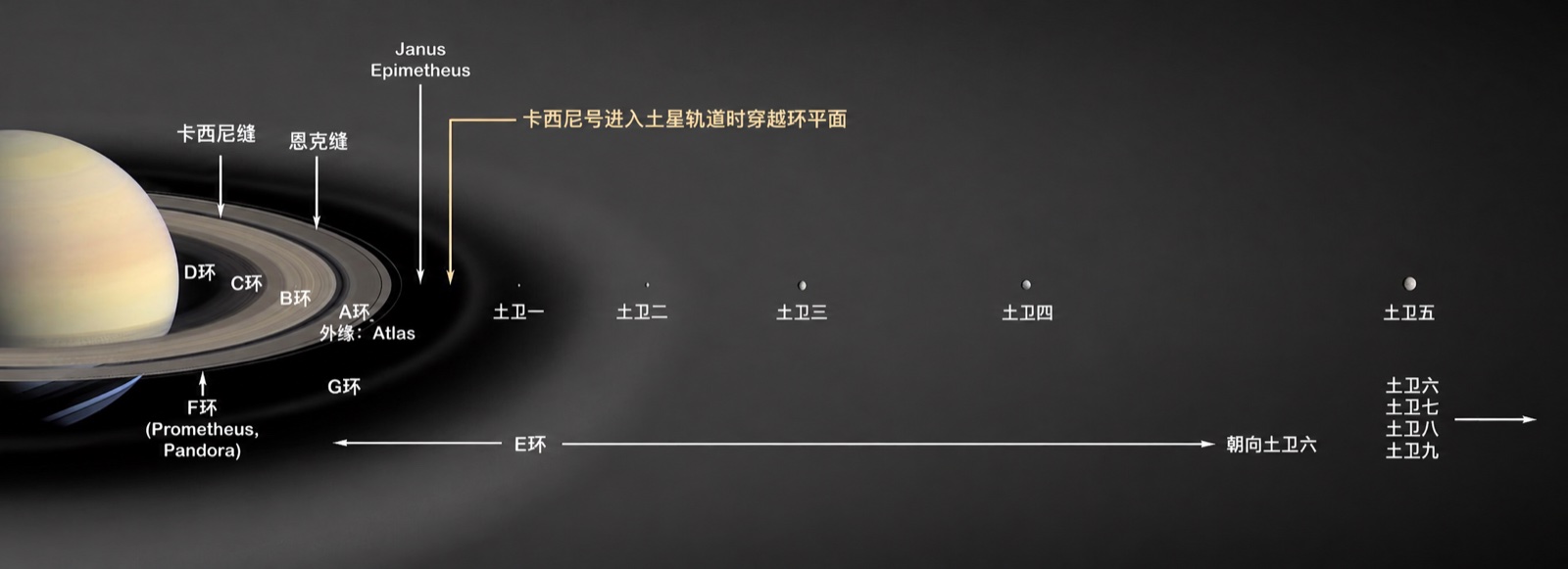 土星环结构示意图，标注了从 D 环到 E 环的各主环、卡西尼缝、恩克环缝以及内侧主要卫星的轨道位置；本地化配图