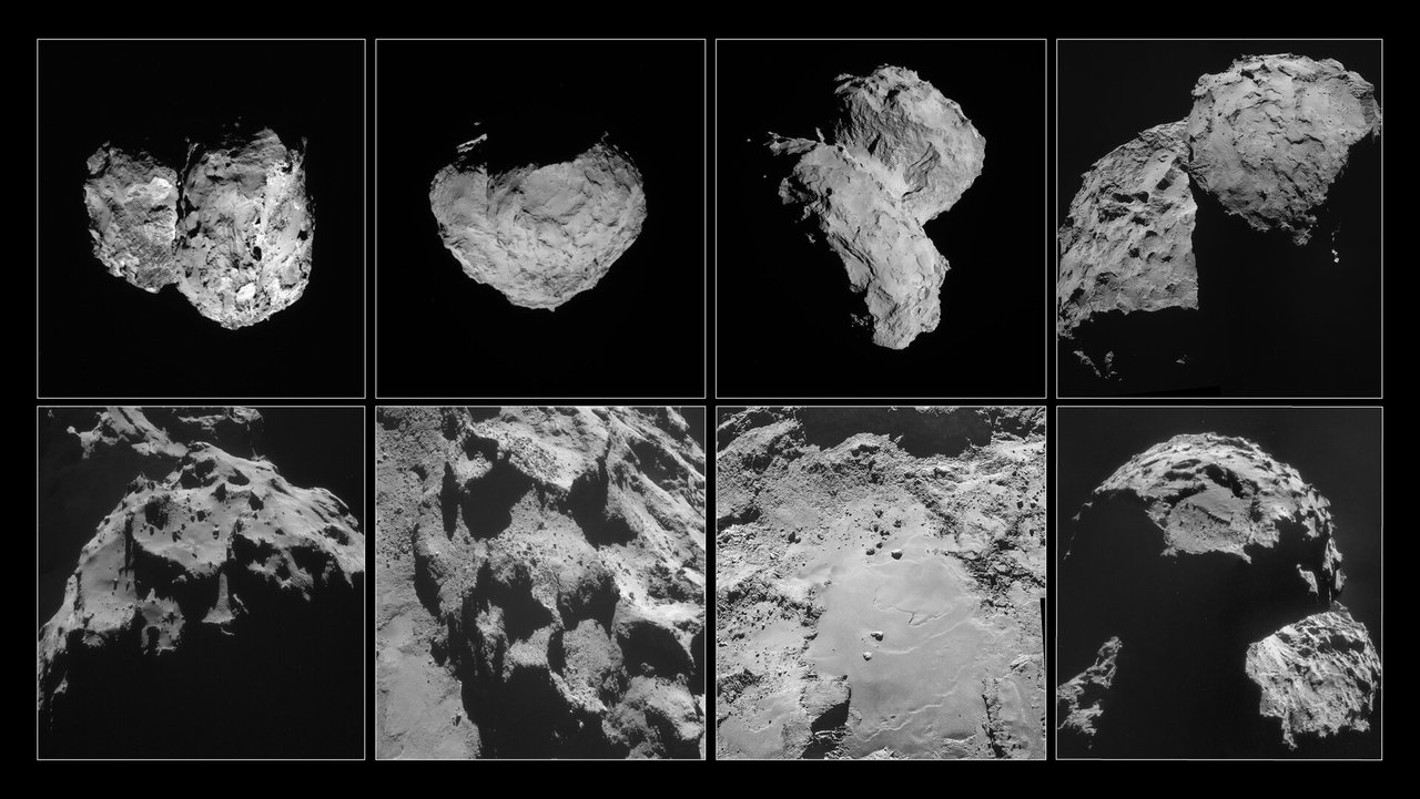 同一顆 67P 彗星的不同角度與地表細節拼圖。多角度觀測才能看清雙瓣結構。ESA/Rosetta/NAVCAM,CC BY-SA 3.0 IGO。