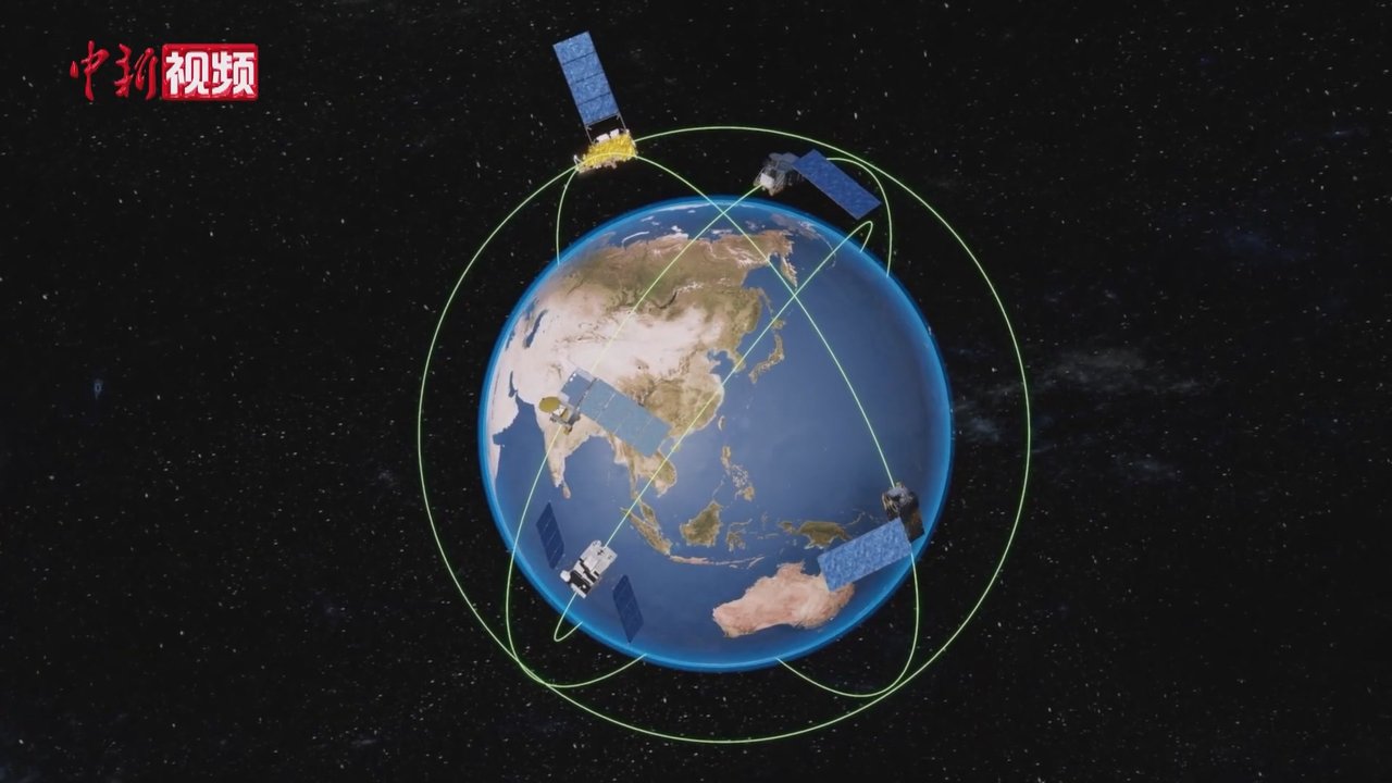 风云卫星在轨运行示意图，可见极轨与静止轨道两类卫星协同工作