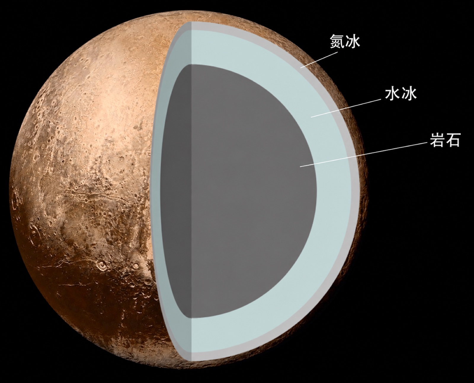 结构示意图：以冥王星为例的冰岩分层结构——岩石核心、水冰幔与挥发性冰外壳（NASA/JHUAPL/SwRI）；本地化配图