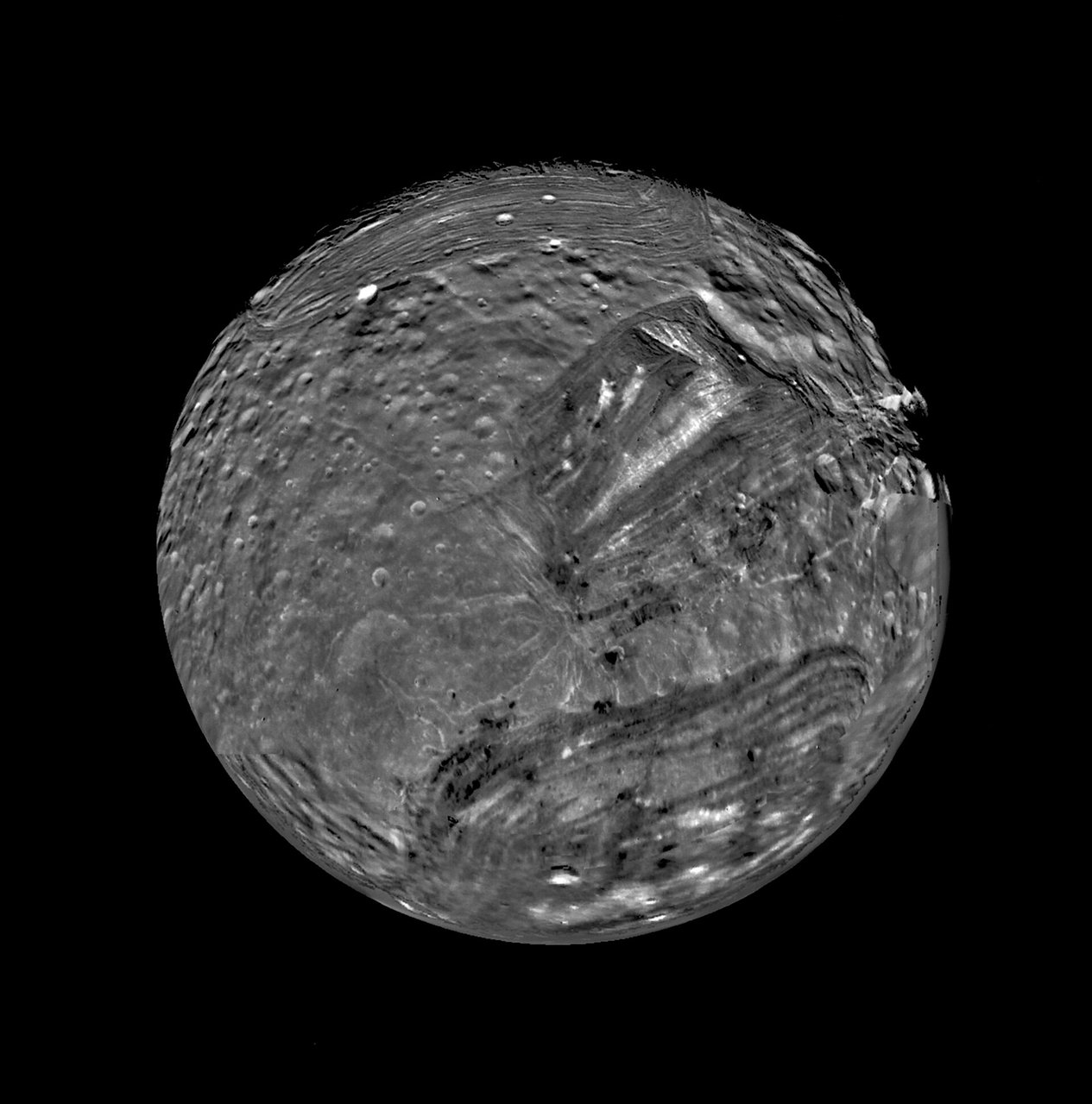 Another Voyager 2 view of Miranda; most close images come from one flyby with limited coverage. NASA / JPL