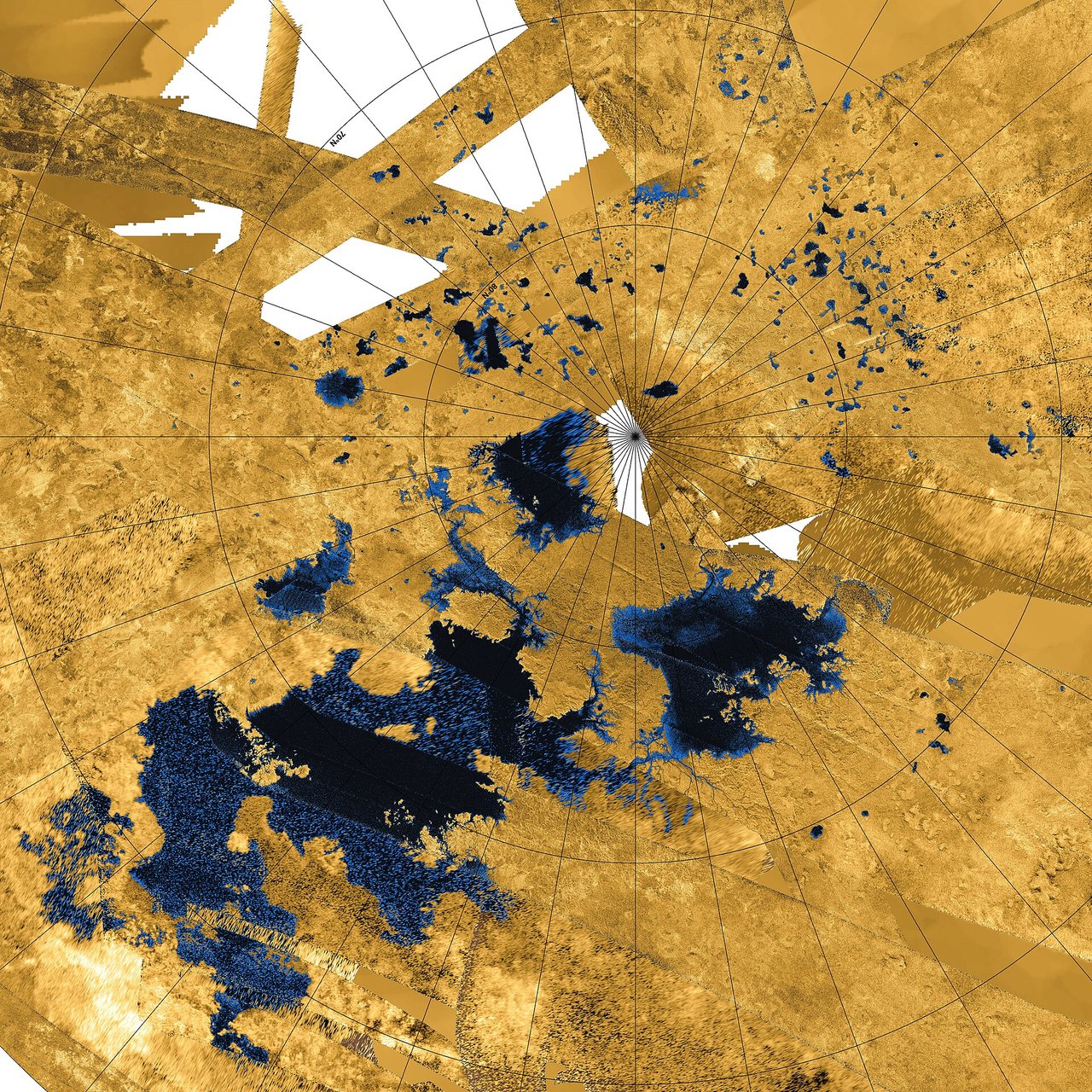 False-color Cassini radar mosaic of Titan’s north pole: dark lakes and seas amid golden land
