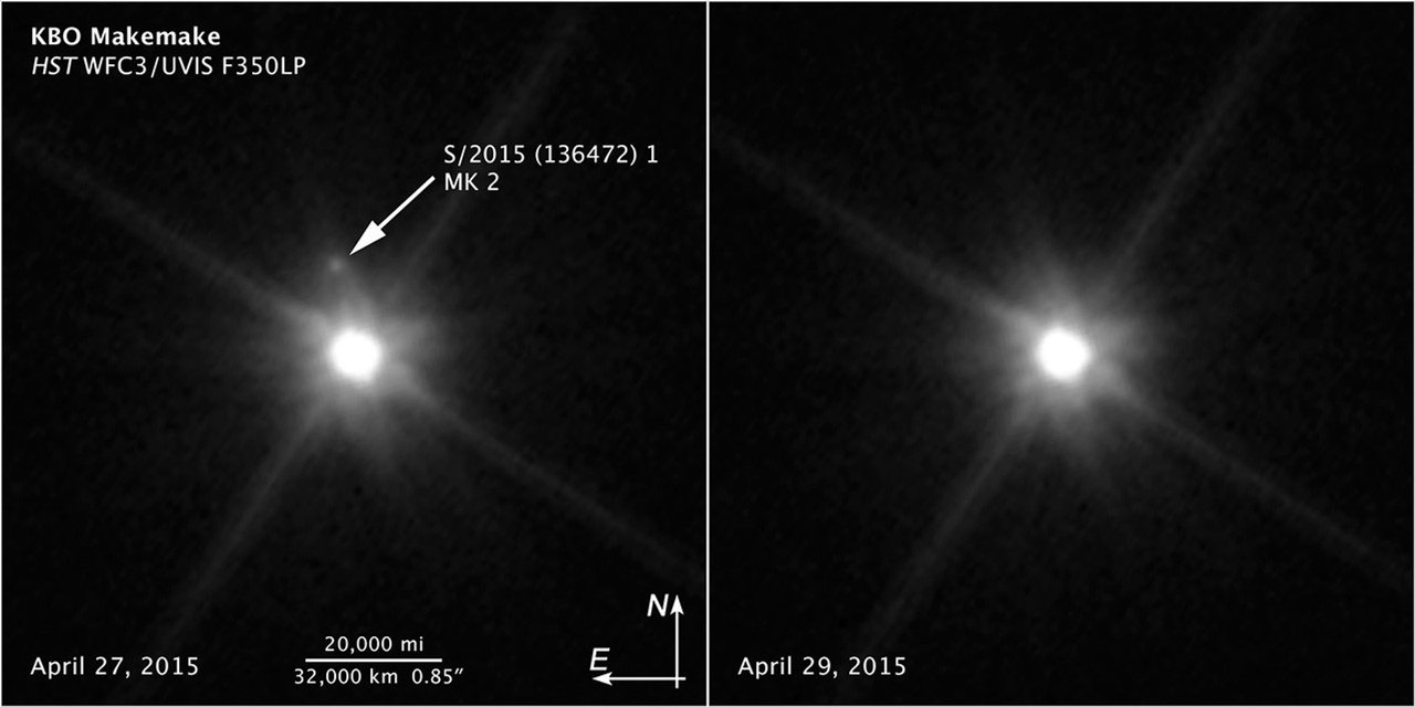 Hubble’s April 2015 image of Makemake, with an arrow marking MK2. NASA/ESA/STScI
