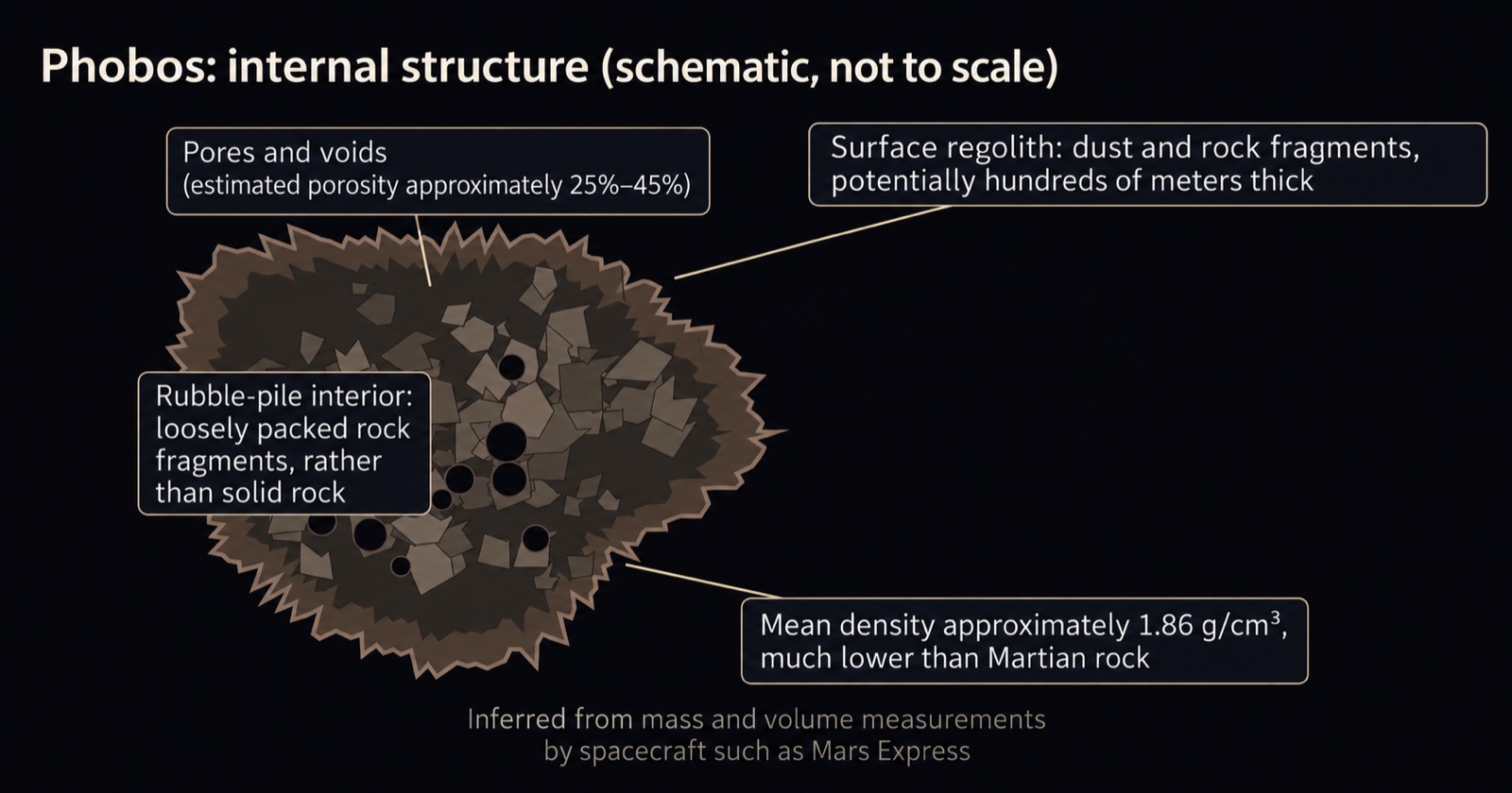 Illustration of Phobos’s regolith and porous rubble-pile interior; localized illustration