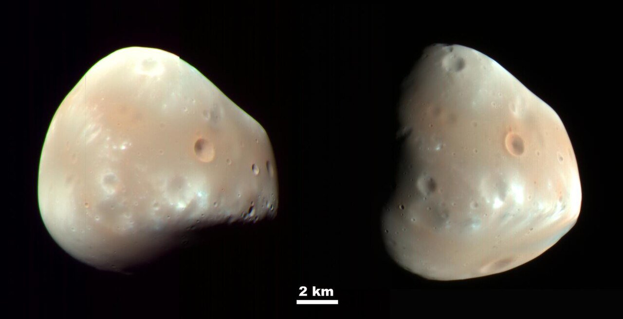 Enhanced-color views of two Deimos hemispheres, with a 2 km scale bar