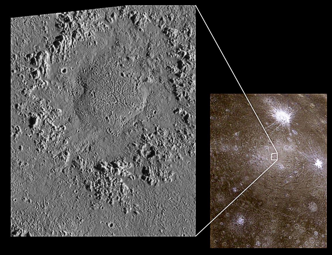 Galileo-Nahaufnahmen des hellen Kraters Doh und der zentralen Kuppel im Asgard-Becken