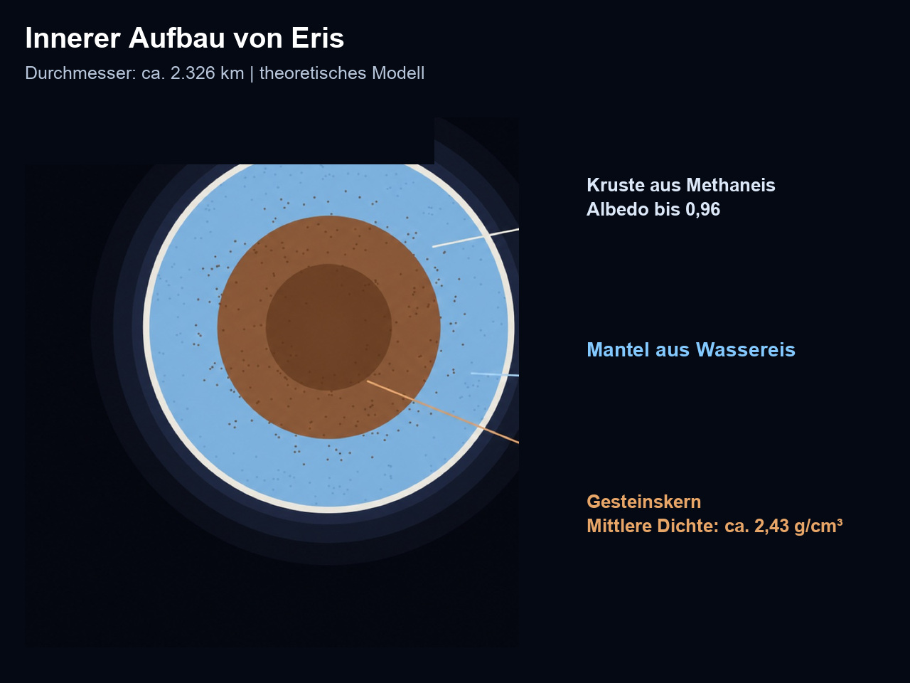 Theoretisches Modell von Eris’ Innerem mit felsigem Kern, Wassereismantel und methanreicher Oberfläche; die inneren Schichten wurden nicht direkt beobachtet