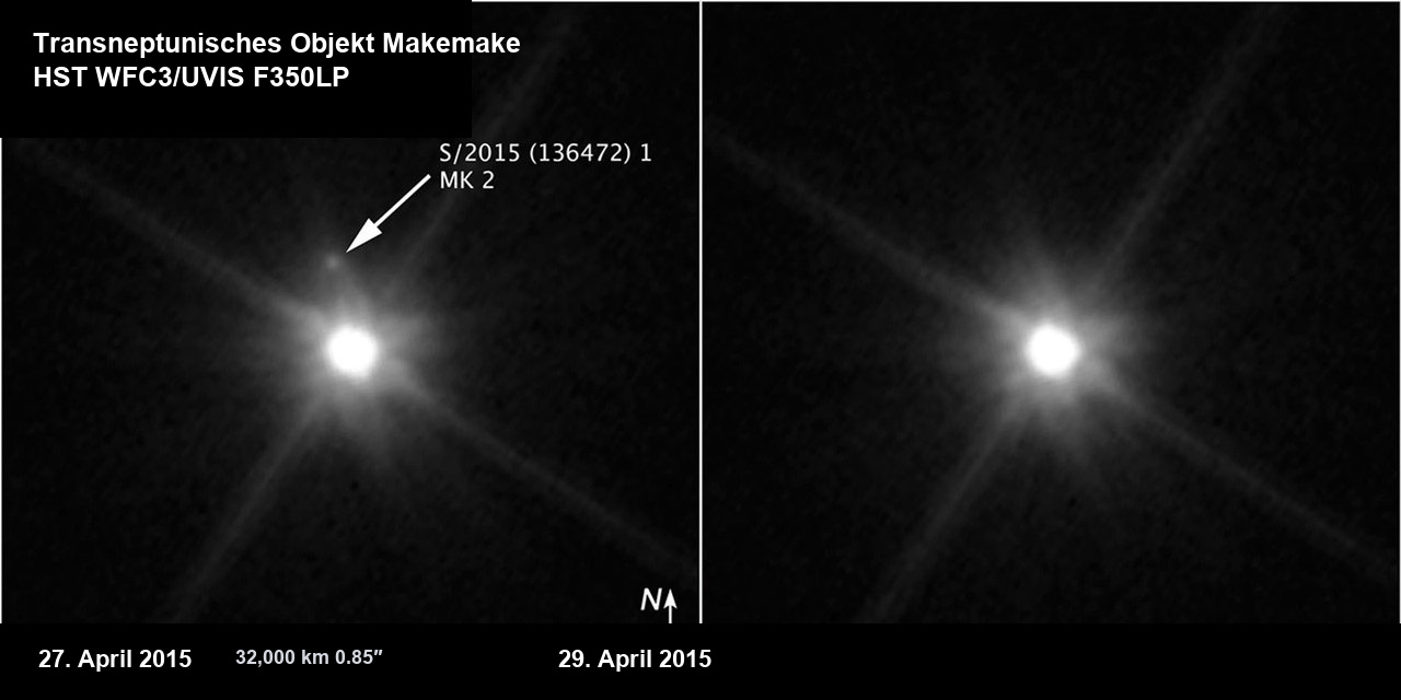 Hubble-Aufnahme Makemakes vom April 2015, auf der ein Pfeil MK2 markiert