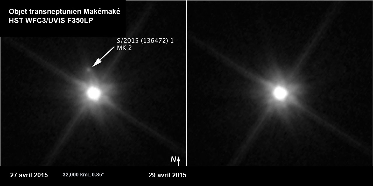 Image de Makémaké prise par Hubble en avril 2015, avec une flèche indiquant MK2