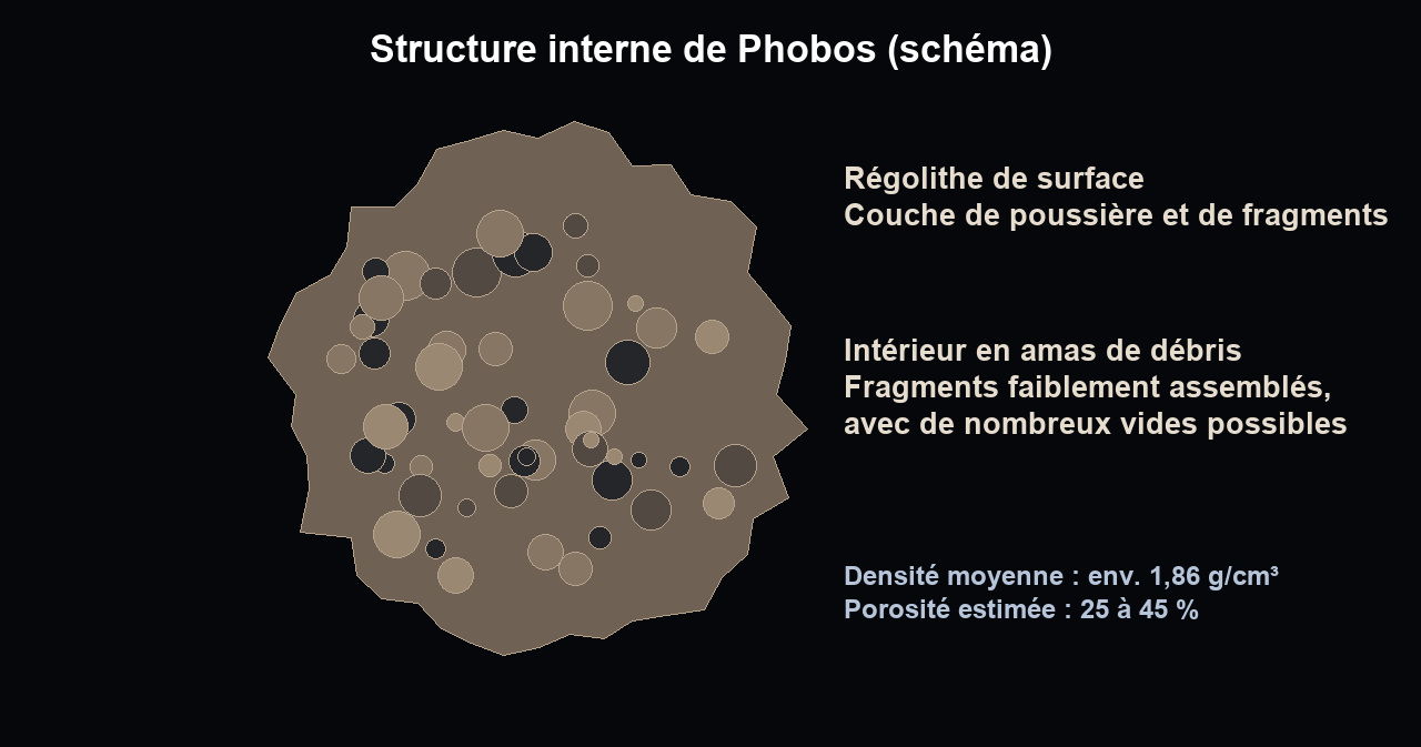 Modèle de l’intérieur poreux de Phobos, avec des roches faiblement compactées sous la surface poussiéreuse. Les vides illustrent une porosité déduite des mesures, pas des cavités observées directement.