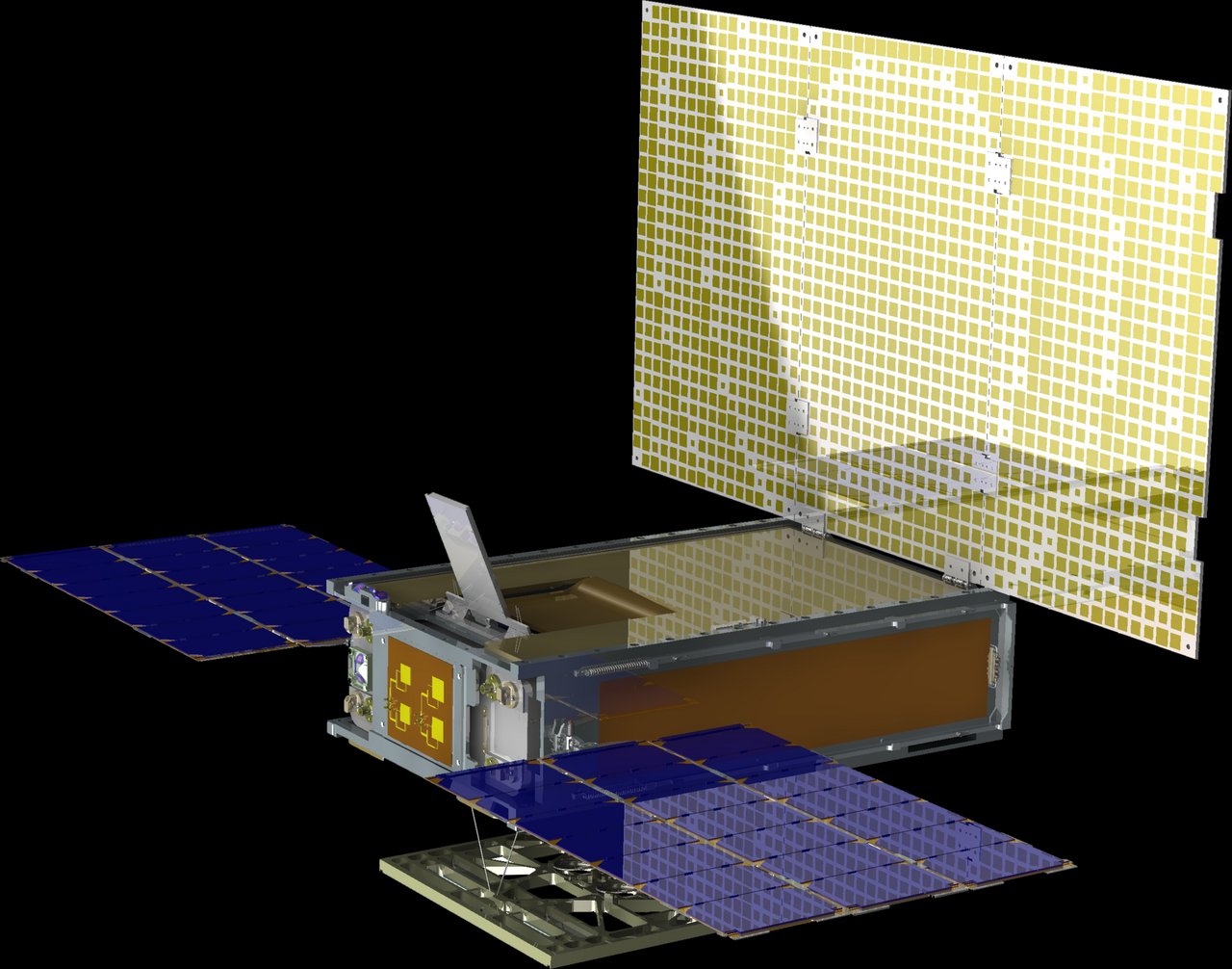 Darstellung eines MarCO-CubeSats mit ausgeklappten Solarmodulen und Kommunikationsantenne