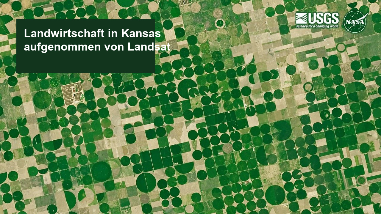Kreisförmige Felder mit zentraler Beregnung in Kansas, aufgenommen von Landsat