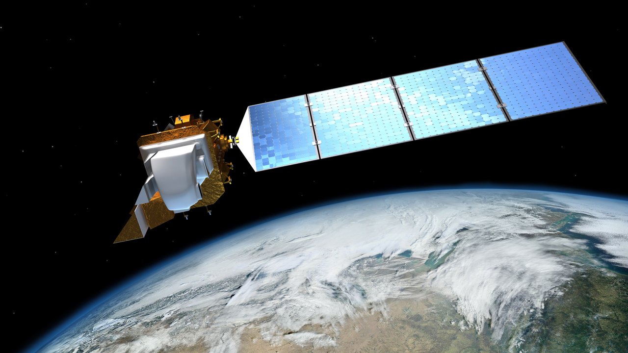 Künstlerische Darstellung von Landsat 8 im Orbit